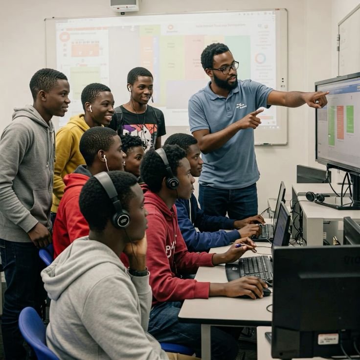 Mentor teaching students digital skills in a classroom